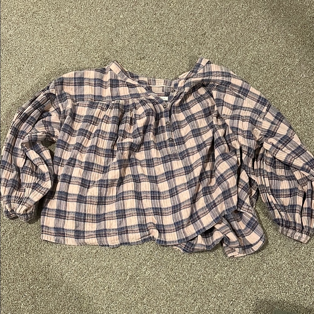 We The Free Plaid Peasant Blouse in Cream and Navy
